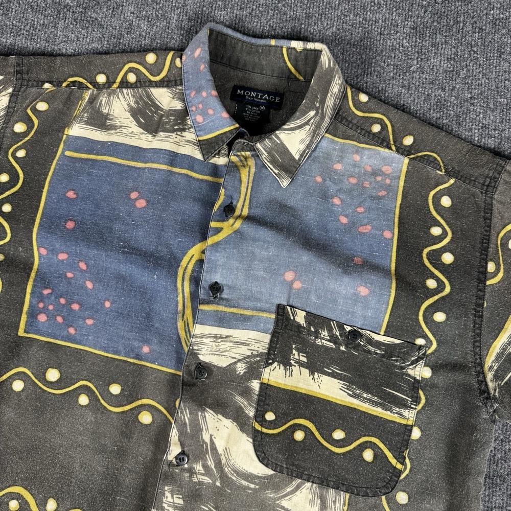 Vintage Montage Pour Homme Linen Abstract Shirt Button Down Medium 80s 90s